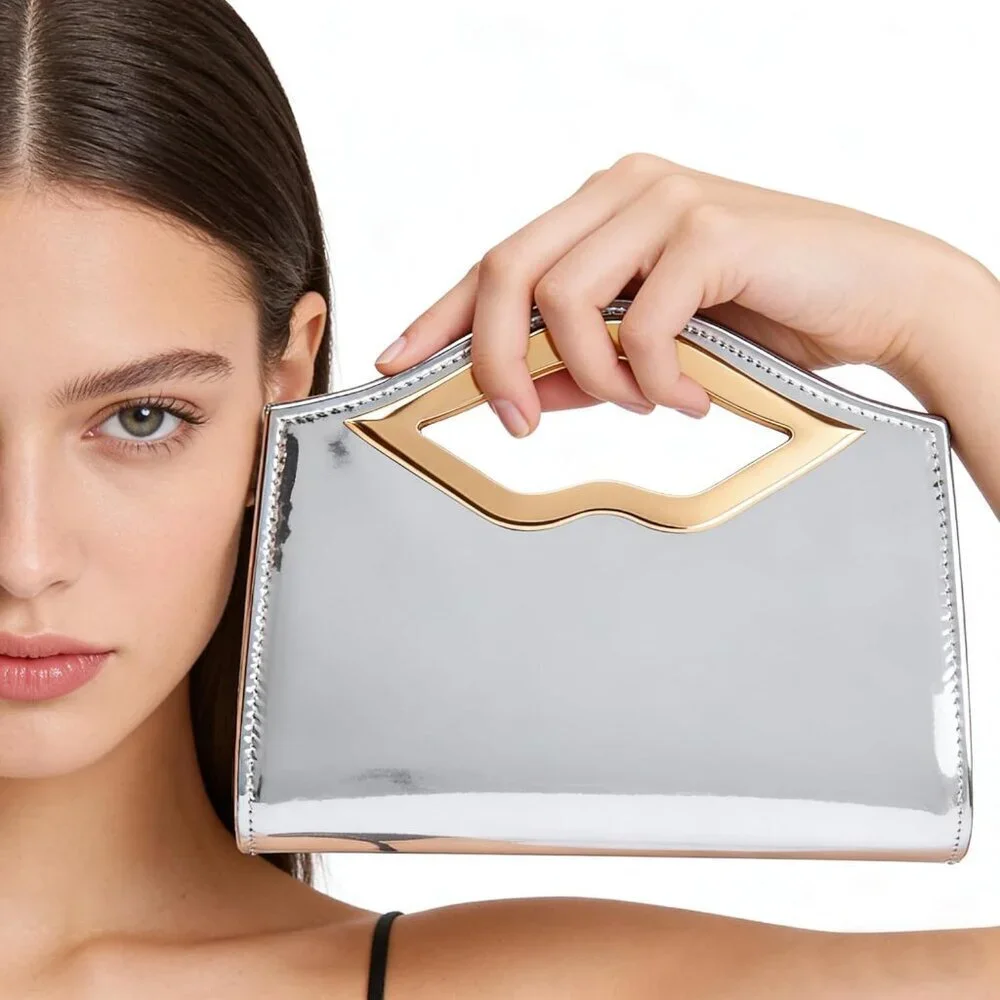 Women's Silver PU Leather Acrylic Hardware Glossy Hard Shell Party Formal Clutch